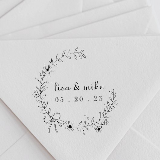 Floral en Bow Wreath Custom Couple Names Wedding Rubberstempel