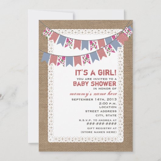 Floral en Gingham Bunting Burlap Geïnspireerd Girl Kaart (Voorkant)