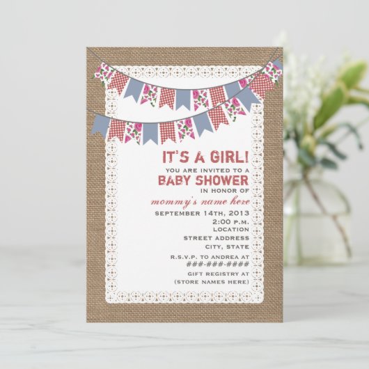 Floral en Gingham Bunting Burlap Geïnspireerd Girl Kaart (Staand voorkant)