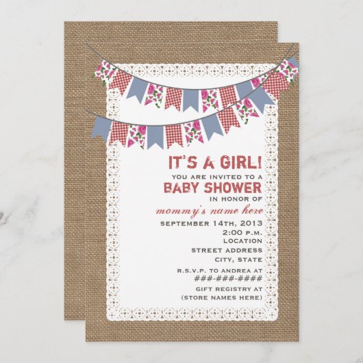Floral en Gingham Bunting Burlap Geïnspireerd Girl Kaart (Voorkant / Achterkant)