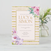 Floral en Gold Glitter Stripes Wedding Kaart (Staand voorkant)