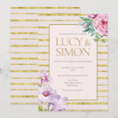 Floral en Gold Glitter Stripes Wedding Kaart (Voorkant / Achterkant)