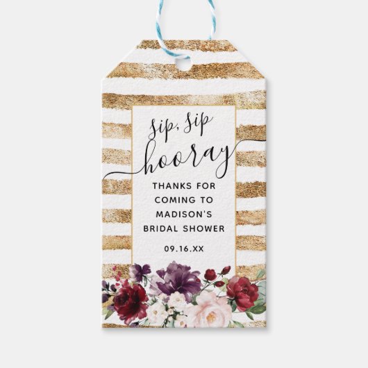 Floral en Gold Sip Sip Hooray Favor Vrijgezellenfe Cadeaulabel (Voorkant)