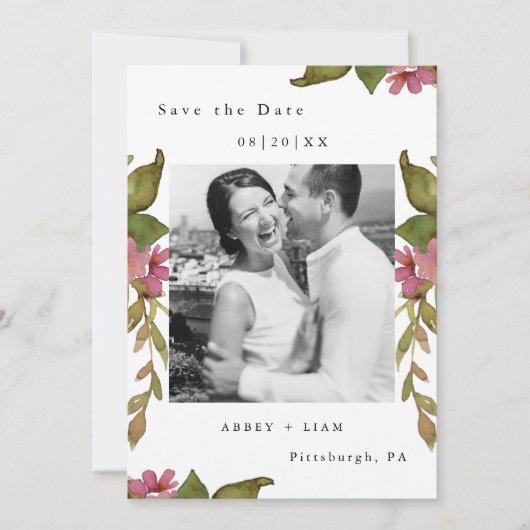  Floral en Greenery Foto Wedding Save The Date (Voorkant)