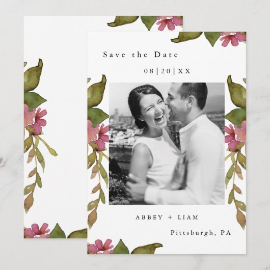Floral en Greenery Foto Wedding Save The Date (Voorkant / Achterkant)