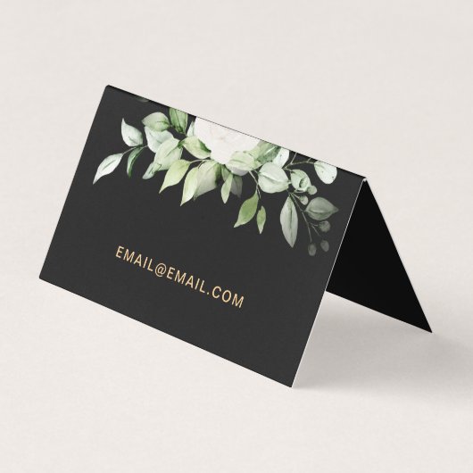 Floral en Greenery Gold Script met QR Code Black Visitekaartje (Achterkant)