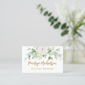 Floral en Greenery Gold Script met QR Code White Visitekaartje (Staand voorkant)