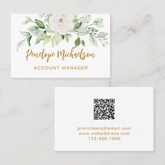Floral en Greenery Gold Script met QR Code White Visitekaartje (Voorkant / Achterkant)