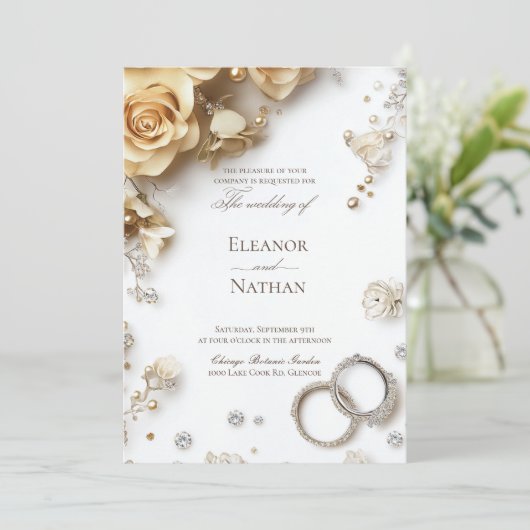 Floral en Twee Trouwringen Sophisticated Kaart (Staand voorkant)