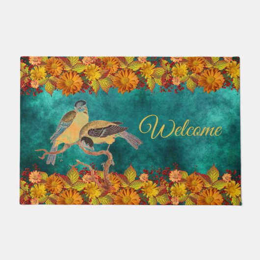 Floral en vogels Oranje, rood, geel, Blauwgroen, A Deurmat (Voorkant)