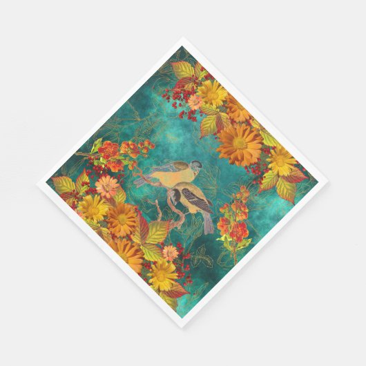 Floral en vogels Oranje, rood, geel, Blauwgroen pa Servet (Hoek)