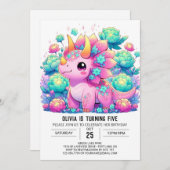 Floral Enchanted Dinosaur Digitale Verjaardag Kaart (Voorkant / Achterkant)