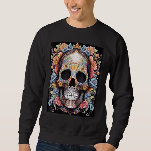 Floral Enigma Vibrant Skull and Blooming Flowers D Trui (Voorkant)