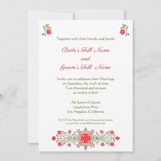 Floral Etching in Red en Golds Wedding Invitation Kaart (Achterkant)