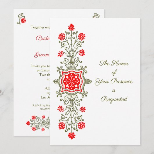 Floral Etching in Red en Golds Wedding Invitation Kaart (Voorkant / Achterkant)
