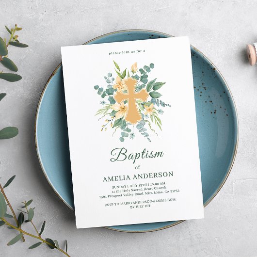 Floral Eucaliptus Gouden Kruis Doop Elegant Kaart