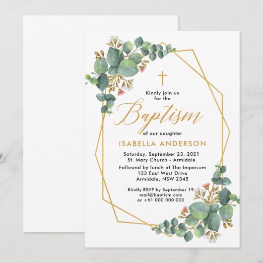 Floral eucalyptus baptisme kaart (Voorkant / Achterkant)