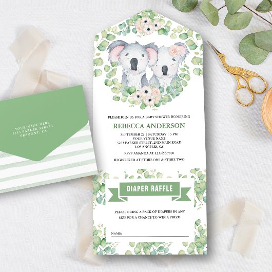 Floral Eucalyptus Cute Koala Twins Baby shower All In One Uitnodiging