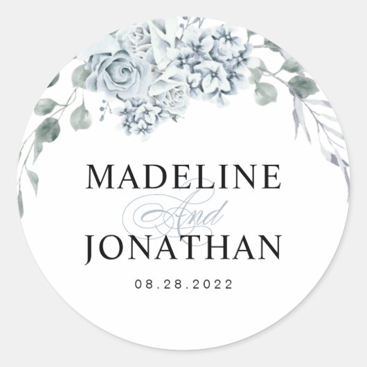Floral Eucalyptus Dusty Blue Calligraphy Wedding Ronde Sticker (Voorkant)