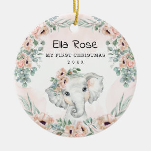 Floral Eucalyptus Elephant Baby Eerste Kerstmis Keramisch Ornament