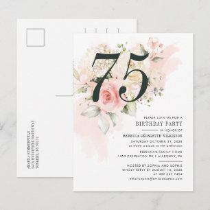 Floral Eucalyptus Foliage Pink 75th Birthday Party Uitnodiging Briefkaart