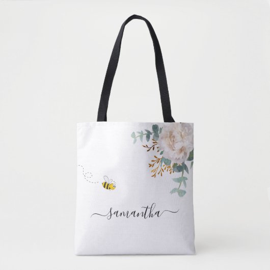 Floral Eucalyptus greenery bee name script Tote Bag (Voorkant)