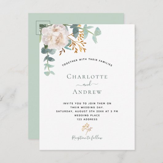 Floral eucalyptus greenery elegant modern bruiloft briefkaart (Voorkant / Achterkant)