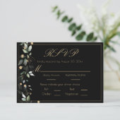 Floral Eucalyptus Greenery Gold Black Wedding RSVP Kaartje (Staand voorkant)