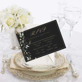 Floral Eucalyptus Greenery Gold Black Wedding RSVP Kaartje