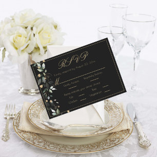 Floral Eucalyptus Greenery Gold Black Wedding RSVP Kaartje