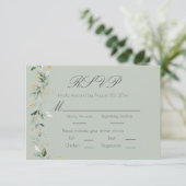 Floral Eucalyptus Greenery Gold Sage Green Wedding RSVP Kaartje (Staand voorkant)