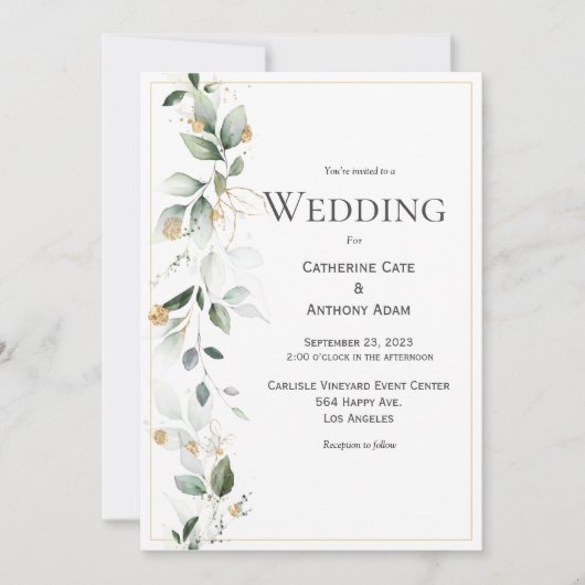 Floral Eucalyptus Greenery Gold Wedding Invitation Kaart (Voorkant)