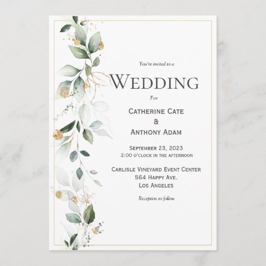 Floral Eucalyptus Greenery Gold Wedding Kaart (Voorkant)