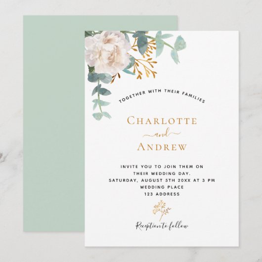 Floral eucalyptus greenery modern elegant bruiloft kaart (Voorkant / Achterkant)