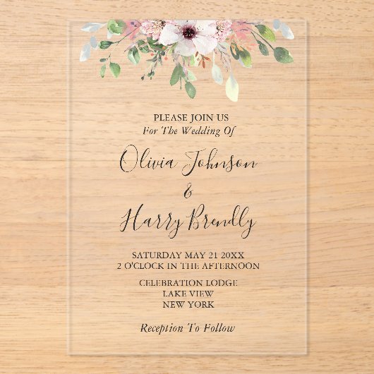 Floral Eucalyptus Greenery Wedding Acryl Uitnodigingen (Voorkant)
