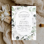 Floral Eucalyptus Greenery Wedding Invitation Kaart<br><div class="desc">White Floral Rozen en Eucalyptus Botanical Greenery Waterverf Wedding Spring of Summer Wedding Invitations - inclusief prachtige en elegante scripttypografie met moderne tropische botanische bloemen en groen voor de speciale viering van de huwelijksdag.</div>