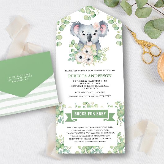 Floral Eucalyptus Koala Girl Baby shower All In One Uitnodiging