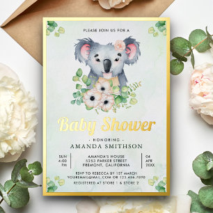 Floral Eucalyptus Koala Girl Baby shower Gold Folie Uitnodiging