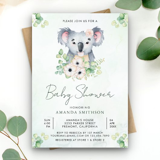 Floral Eucalyptus Koala Girl Baby shower Kaart