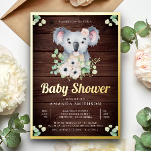 Floral Eucalyptus Koala Girl Wood Baby shower Gold Folie Uitnodiging