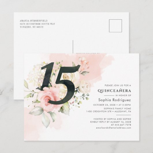Floral Eucalyptus Leaves Quinceanera 15e verjaarda Uitnodiging Briefkaart (Voorkant / Achterkant)
