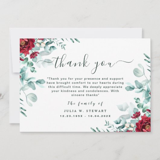 Floral Eucalyptus Moderne begrafenis Hartelijk dan Kaart (Voorkant)