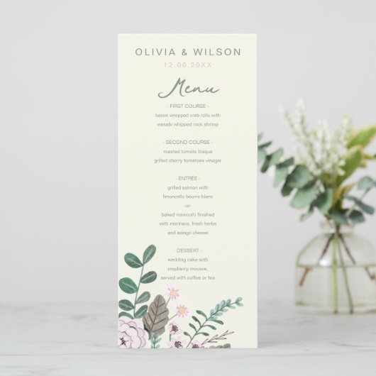 Floral eucalyptus roze groene bruiloft menu (Staand voorkant)