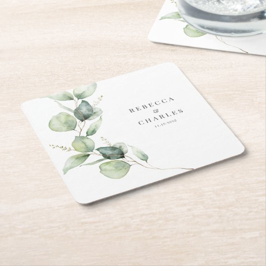 Floral Eucalyptus Script Weddenschap Kartonnen Onderzetters (Schuin)