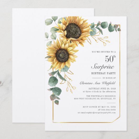 Floral Eucalyptus Sunflower Script 50th Birthday Kaart (Voorkant / Achterkant)