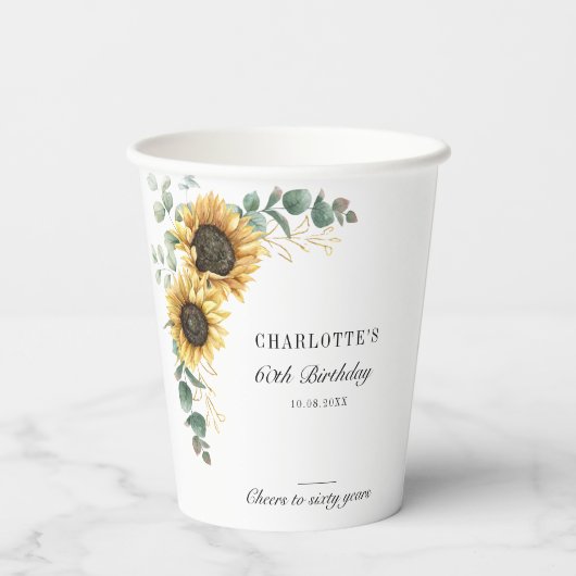 Floral Eucalyptus Sunflower Script 60th Birthday Papieren Bekers (Achterkant)