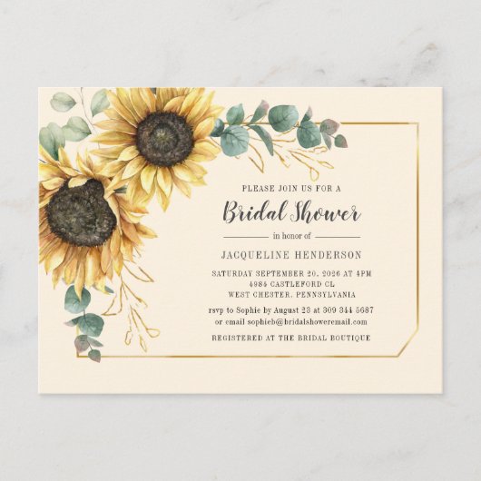 Floral Eucalyptus Sunflower Script Vrijgezellenfee Uitnodiging Briefkaart (Voorkant)
