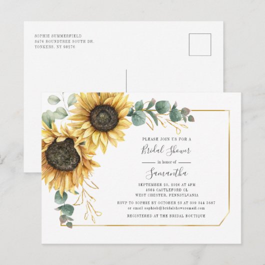 Floral Eucalyptus Sunflower Vrijgezellenfeest Uitnodiging Briefkaart (Voorkant / Achterkant)