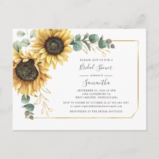 Floral Eucalyptus Sunflower Vrijgezellenfeest Uitnodiging Briefkaart (Voorkant)