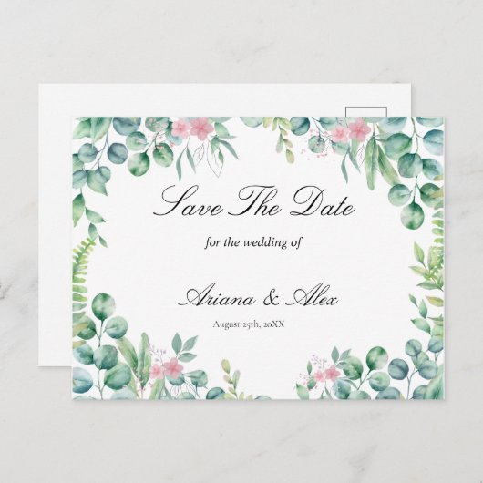 Floral Eucalyptus Wedding Bewaar de datum Briefkaart (Voorkant / Achterkant)